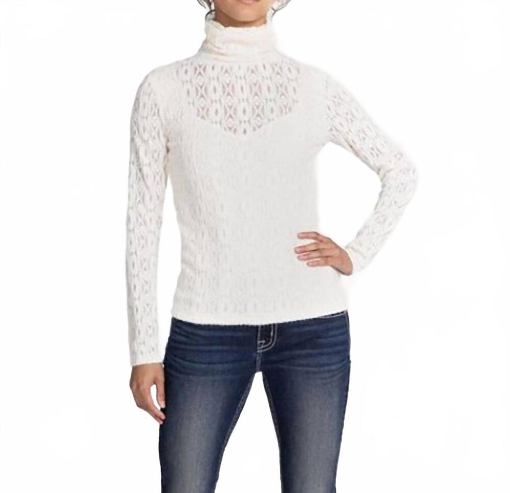 NEW MISS ME lace long sleeve turtleneck top in ivory